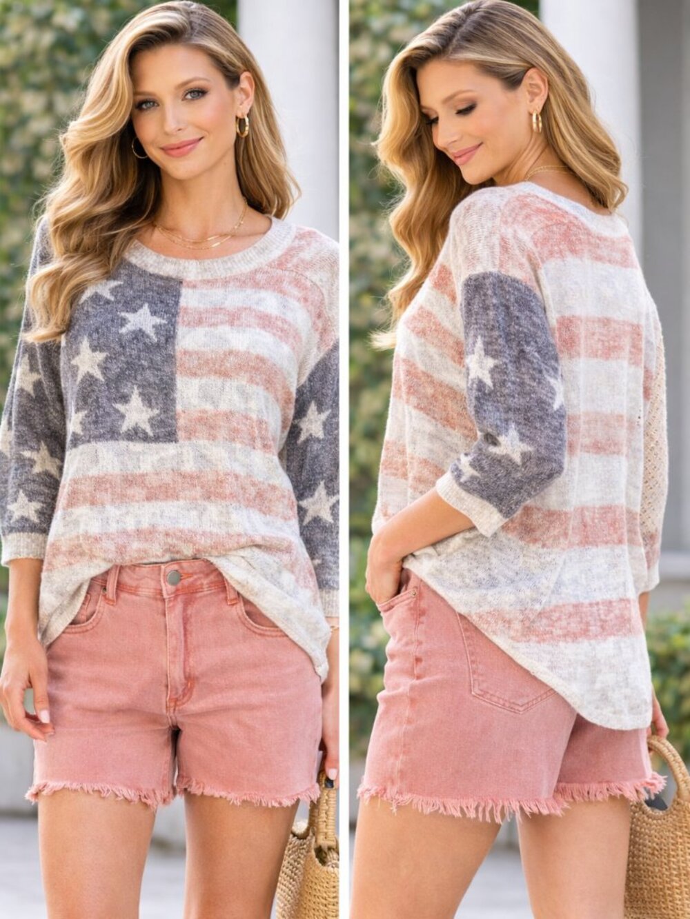POL Pink Star & Stripe Sweater Small Lightweight Knit | Drop Shoulder Casual Top